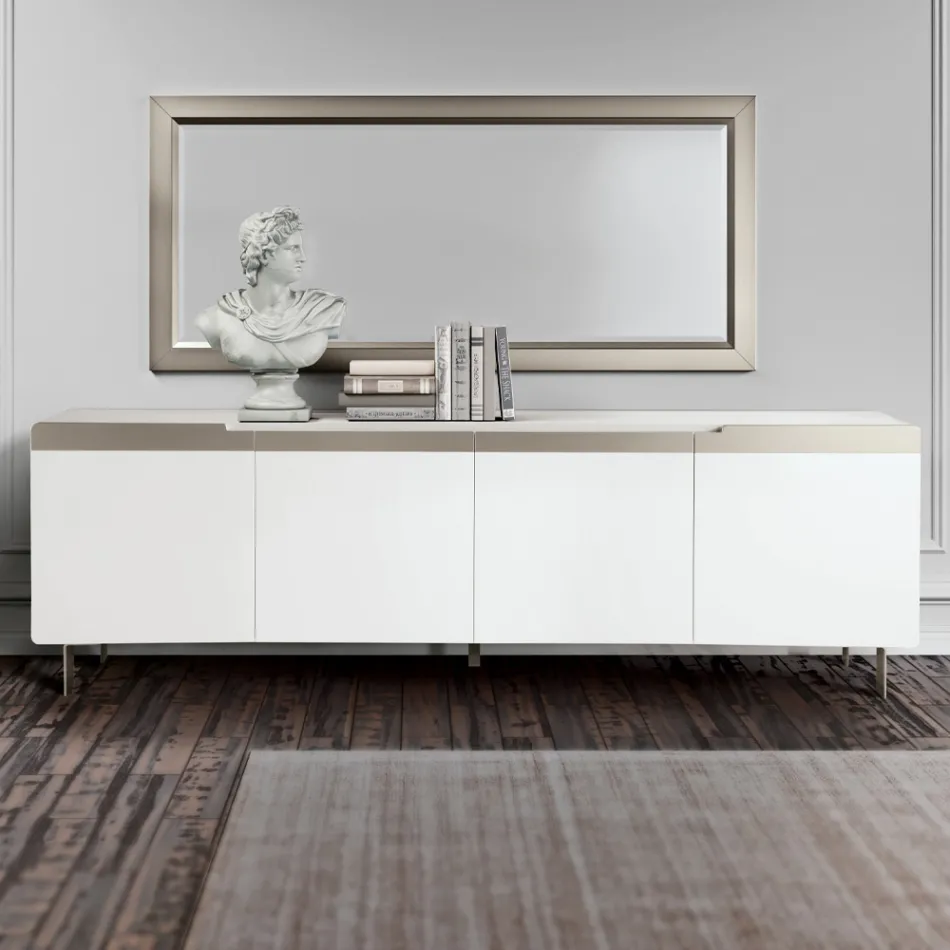 Madia da Soggiorno con 4 Ante in MDF Finitura Bianca e Nichel Made in Italy - Emie Viadurini