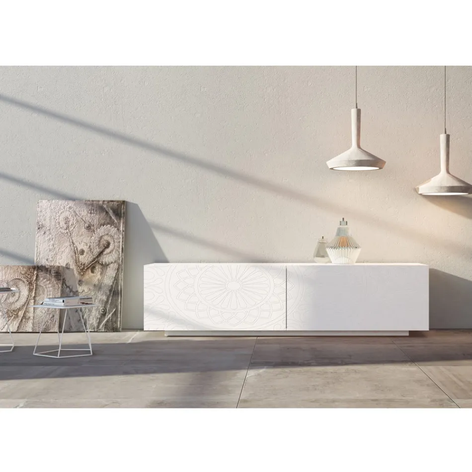 Madia da Soggiorno in Mdf Bianco con Bassorilievo Made in Italy - Stilea Viadurini