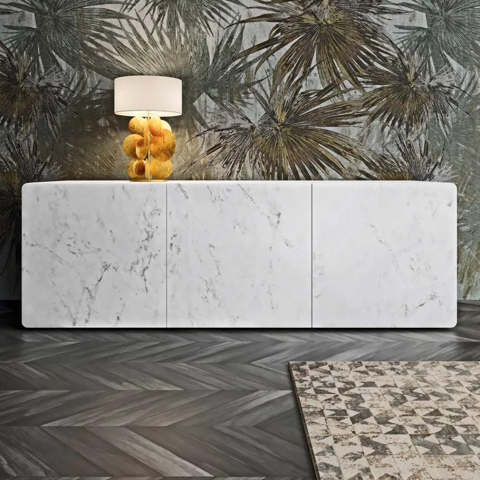 Madia da Zona Living con 3 Ante in Finitura Marmo Carrara Made in Italy - Finn Viadurini