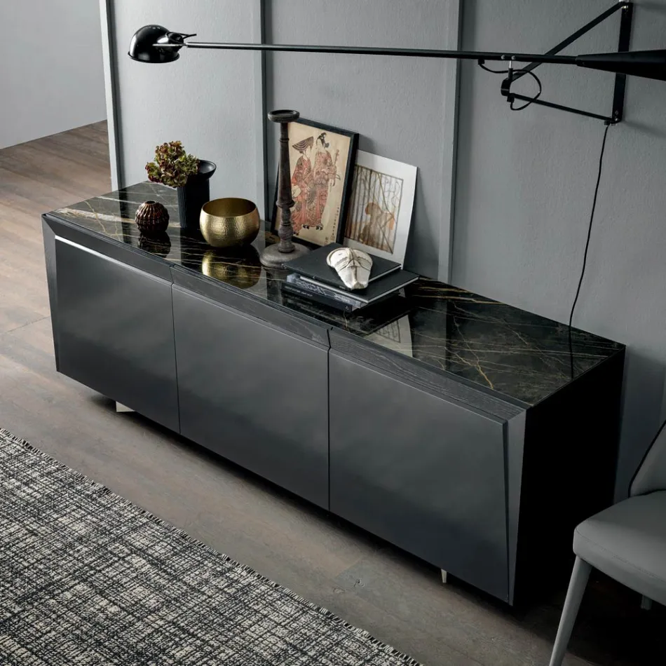 Madia in Legno 3 Ante con Bordo Inclinato e Piano in Ceramica - Mondolfo Viadurini