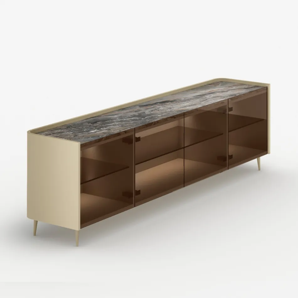 Madia in Legno Curvo Laccato con Ante in Vetro Bronzo Made in Italy - Lyra Viadurini
