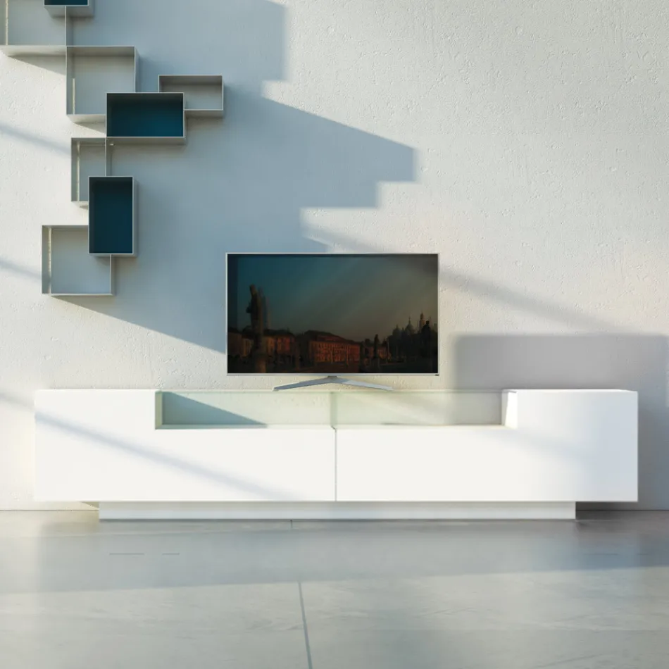 Madia in Mdf Bianco con Teca in Vetro e Base a Zoccolo Made in Italy - Kisha Viadurini