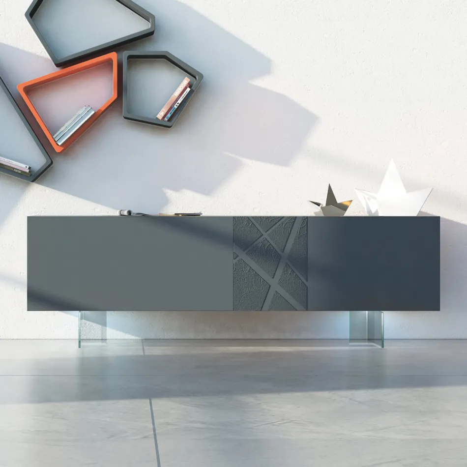 Madia in Mdf Grigio Grafite con Piedini in Vetro Made in Italy - Zelia Viadurini