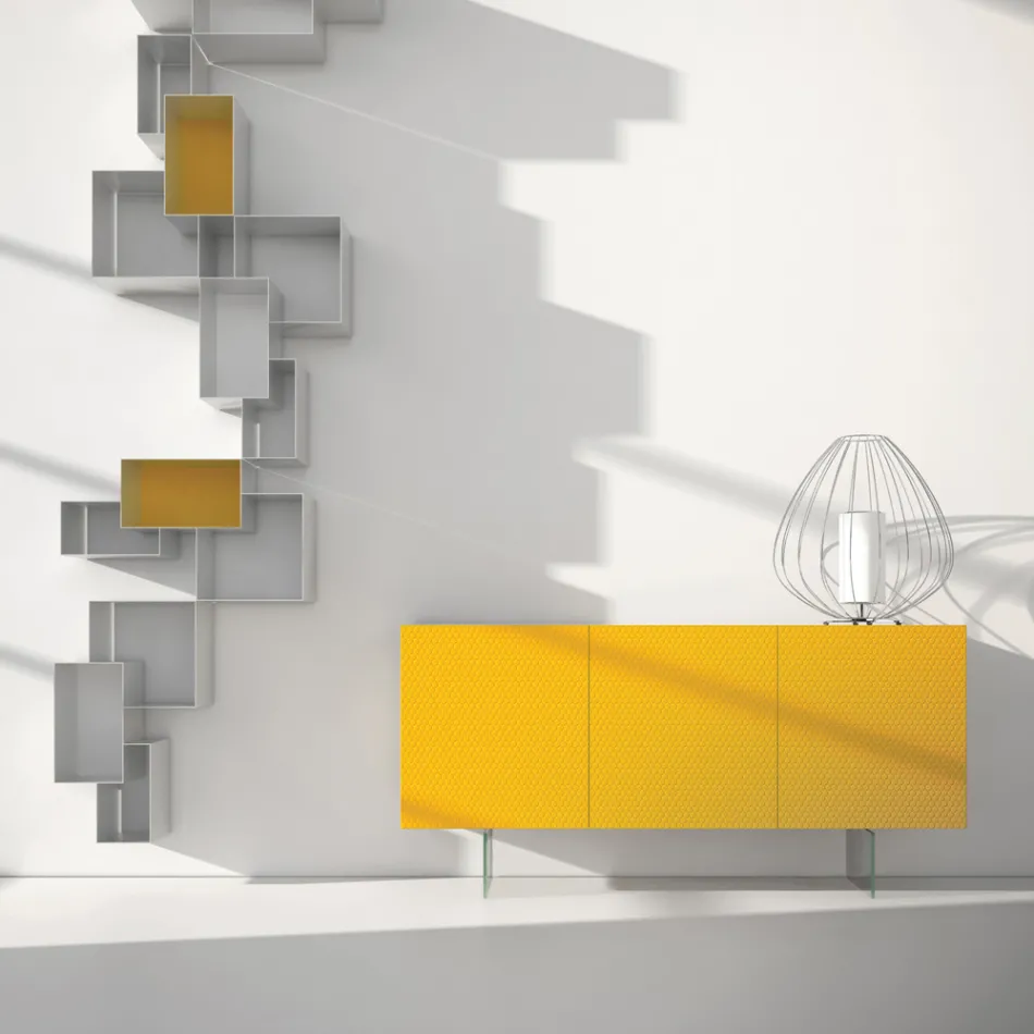 Madia in Mdf Laccato Giallo con 3 Ante e Piedi in Vetro Made in Italy - Ciara Viadurini