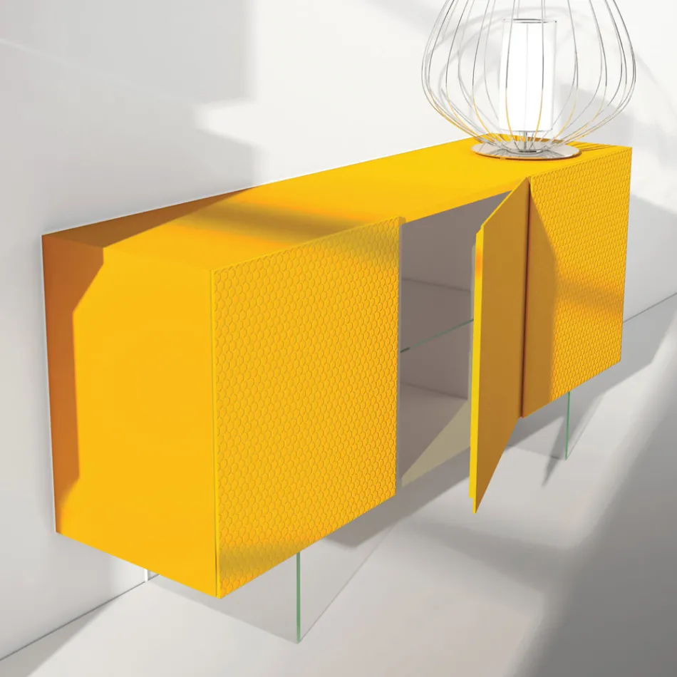 Madia in Mdf Laccato Giallo con 3 Ante e Piedi in Vetro Made in Italy - Ciara Viadurini