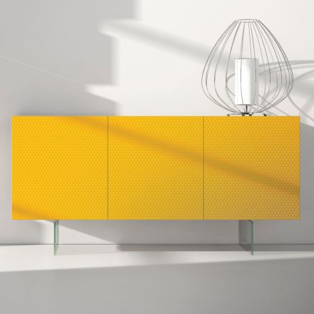 Madia in Mdf Laccato Giallo con 3 Ante e Piedi in Vetro Made in Italy - Ciara Viadurini