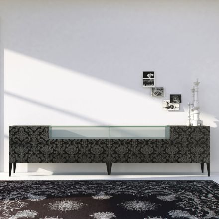 Madia in Mdf Nero con Teca in Vetro e Ante Decorate Made in Italy - Marissa Viadurini