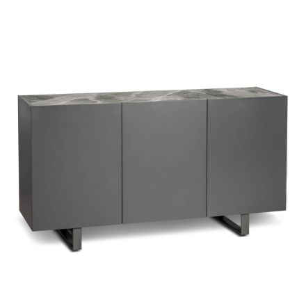 Madia in MDF, Top in Ceramica Effetto Marmo Grigio con 3 Ante Push-pull - Click Viadurini