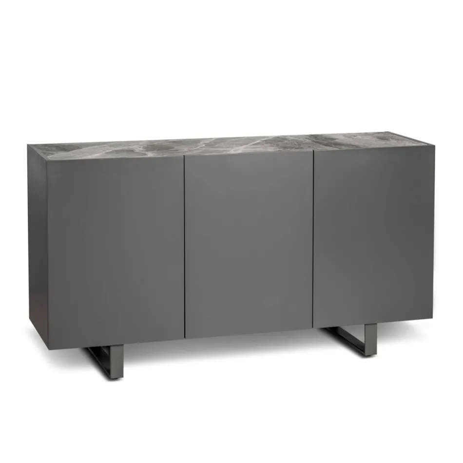 Madia in MDF, Top in Ceramica Effetto Marmo Grigio con 3 Ante Push-pull - Click Viadurini