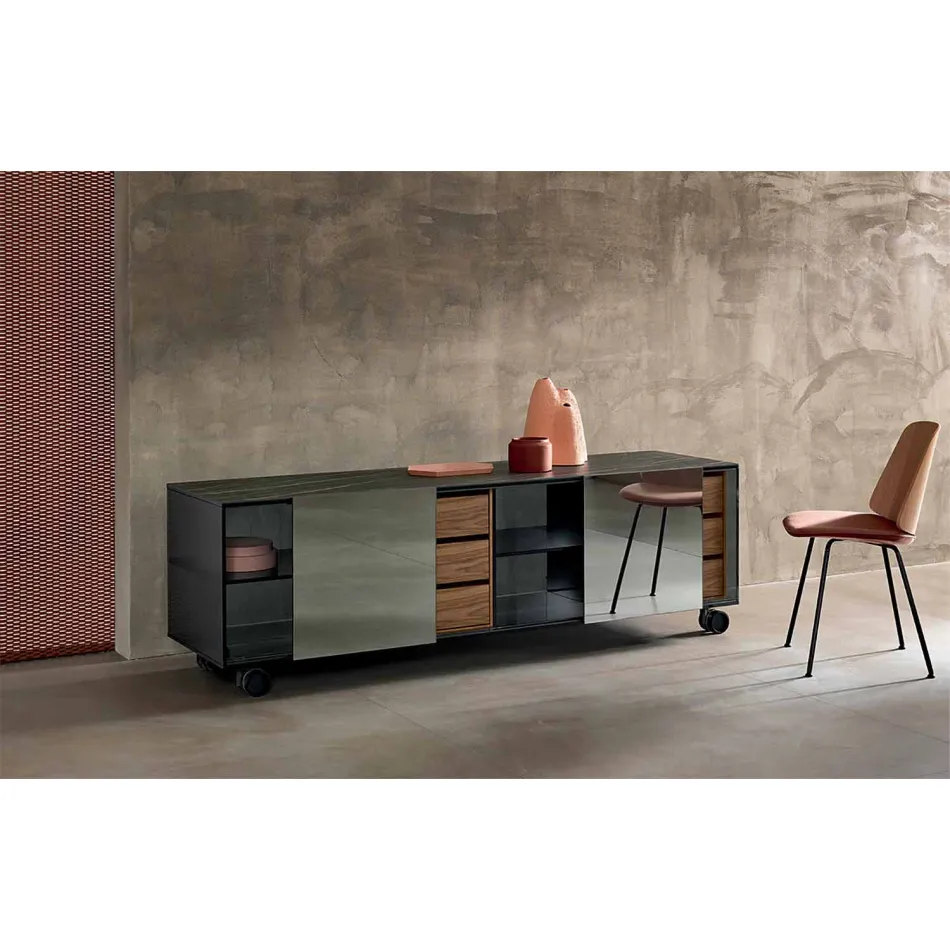 Madia Moderna su Ruote in Vetro Fumè e Top in Ceramica Made in Italy – Sciocca Viadurini