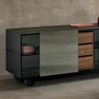 Madia Moderna su Ruote in Vetro Fumè e Top in Ceramica Made in Italy – Sciocca Viadurini