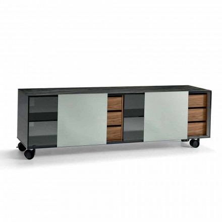Madia Moderna su Ruote in Vetro Fumè e Top in Ceramica Made in Italy – Sciocca Viadurini