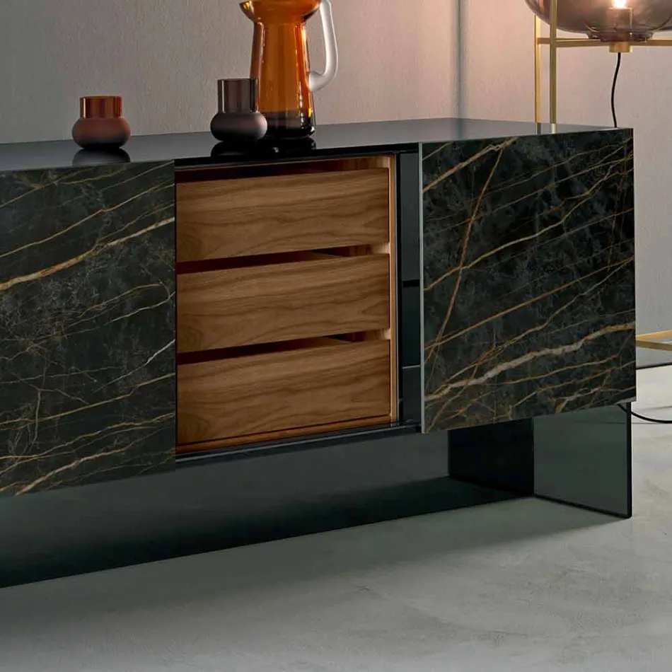 Madia Soggiorno 2 Ante Ceramica e Struttura Vetro Fumè Made in Italy – Sciocca Viadurini