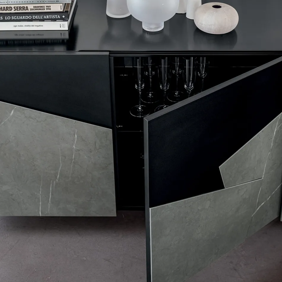 Madia Soggiorno in Mdf Laccato 3 Ante con Inserti in Ceramica - Imperio Viadurini