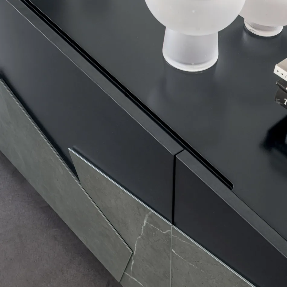 Madia Soggiorno in Mdf Laccato 3 Ante con Inserti in Ceramica - Imperio Viadurini