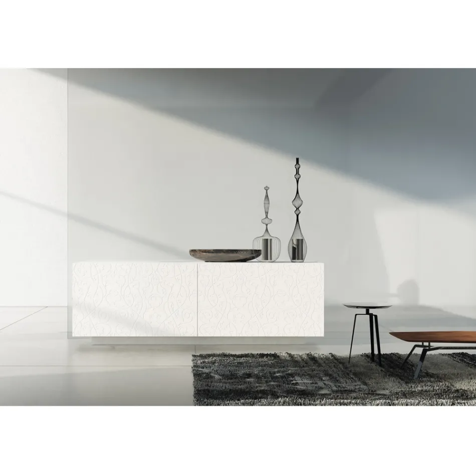 Madia Soggiorno in Mdf Laccato Bianco con Bassorilievo Made in Italy - Acqua Viadurini