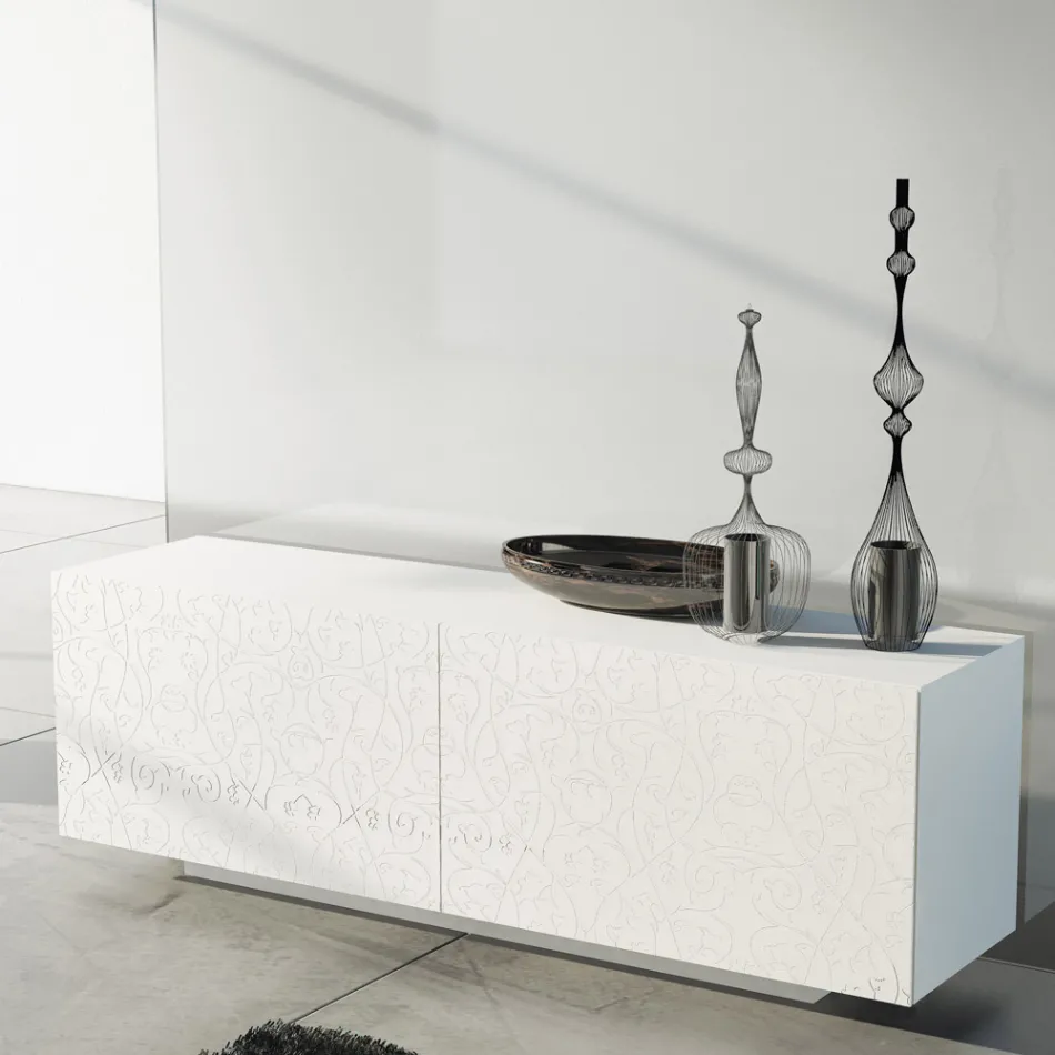 Madia Soggiorno in Mdf Laccato Bianco con Bassorilievo Made in Italy - Acqua Viadurini