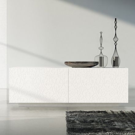 Madia Soggiorno in Mdf Laccato Bianco con Bassorilievo Made in Italy - Acqua Viadurini