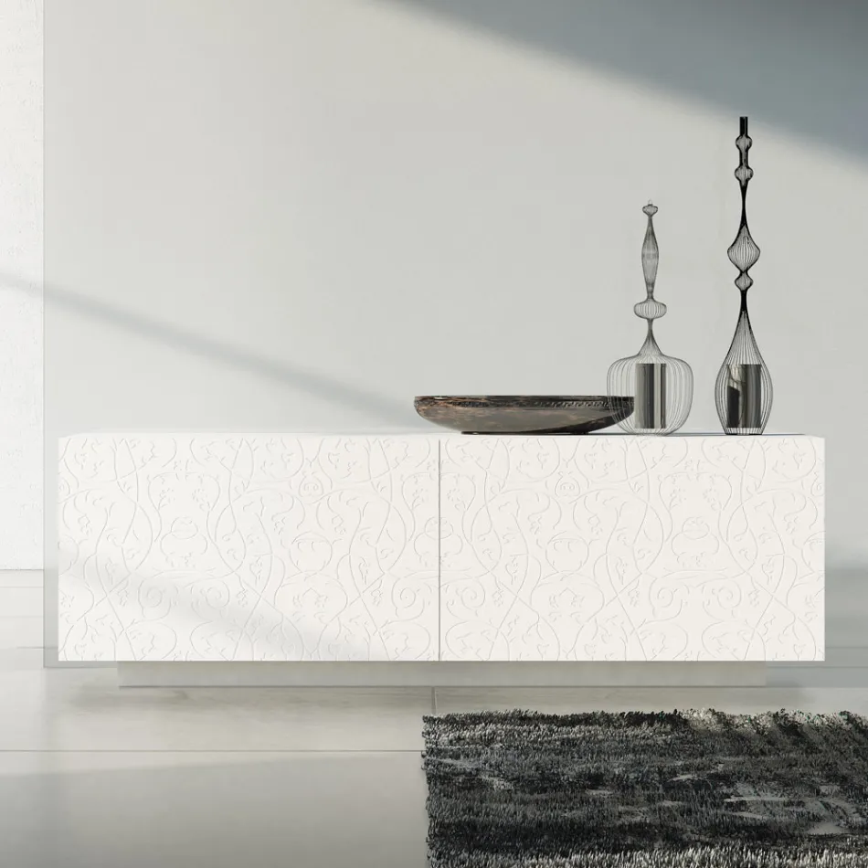 Madia Soggiorno in Mdf Laccato Bianco con Bassorilievo Made in Italy - Acqua Viadurini