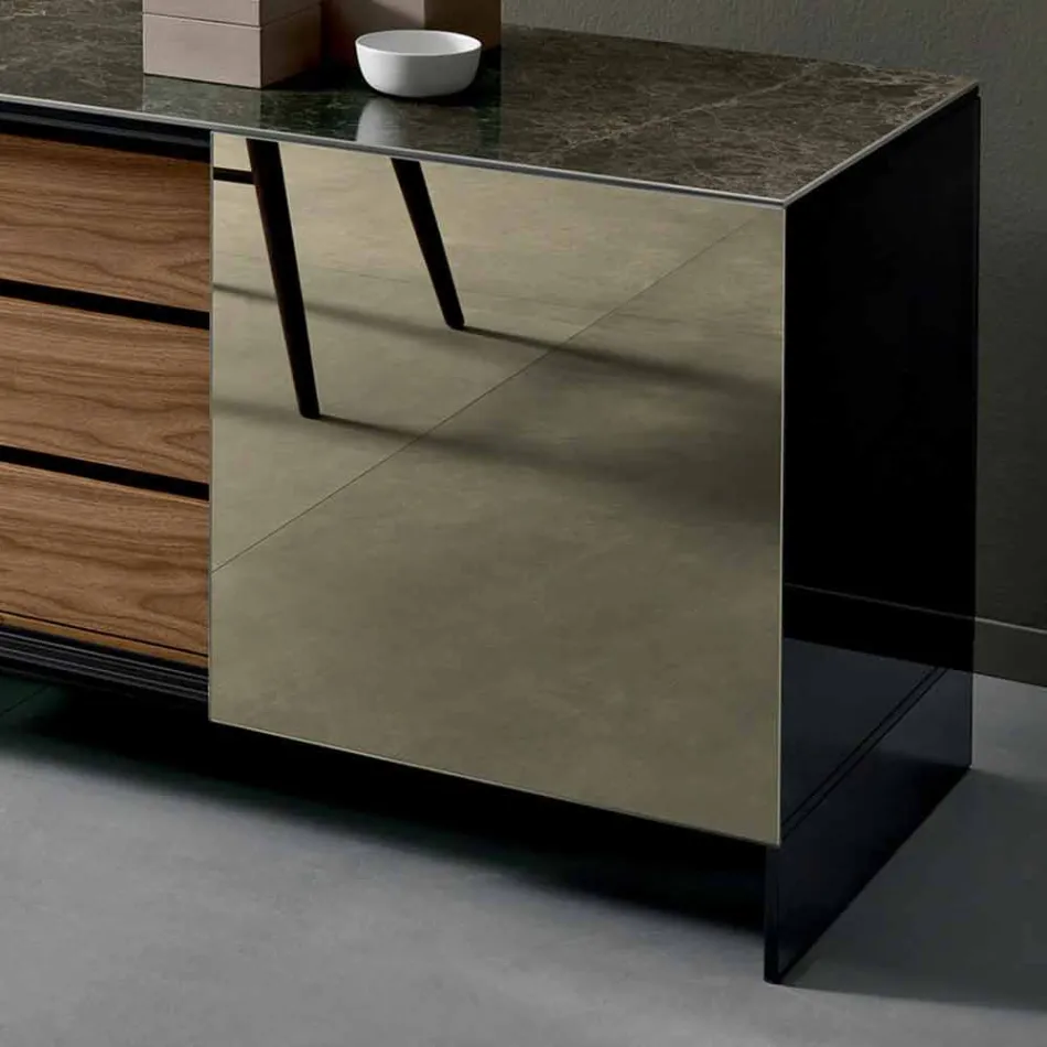 Madia Soggiorno in Vetro Fumè con Anta a Specchio Bronzo Made in Italy – Sciocca Viadurini