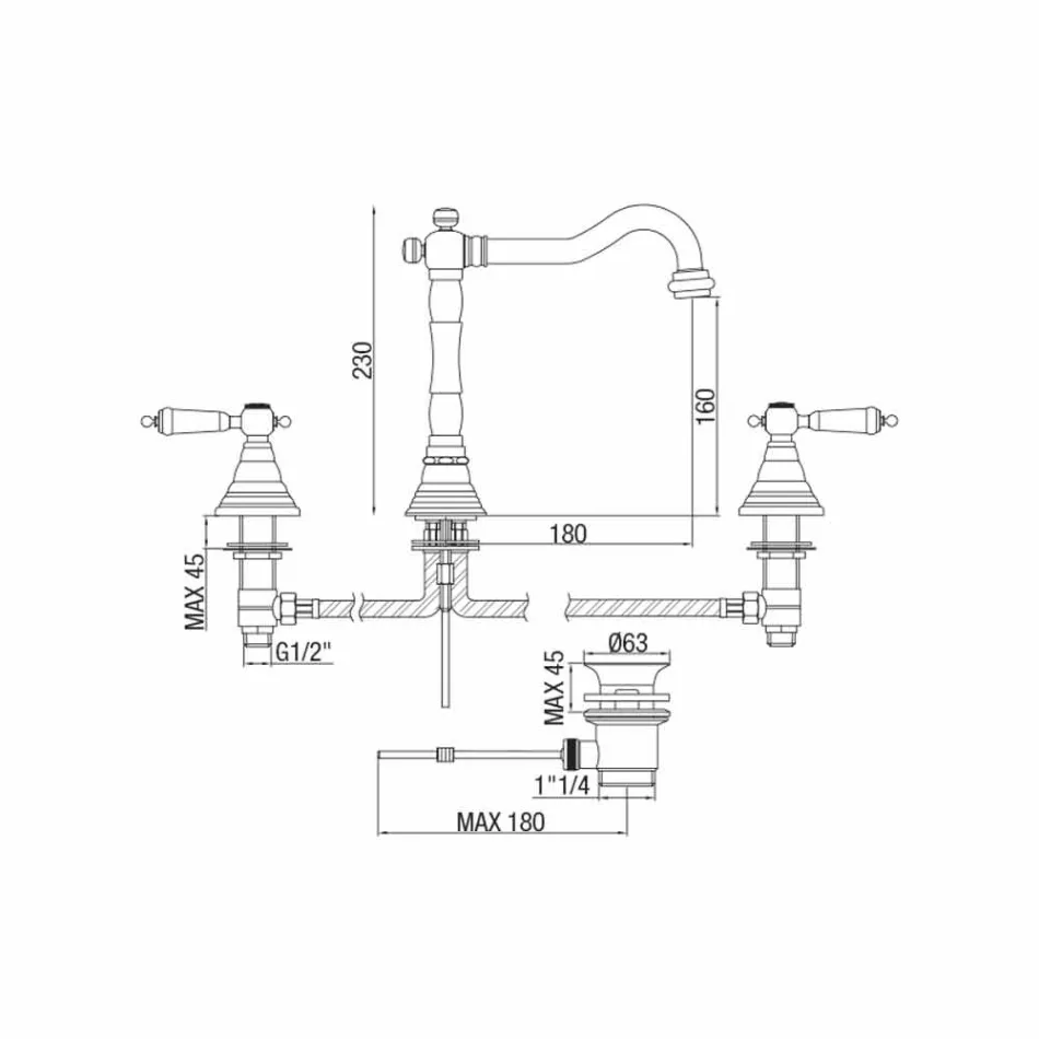 Miscelatore Classico per Lavabo a 3 Fori in Ottone Made in Italy - Shelly Viadurini