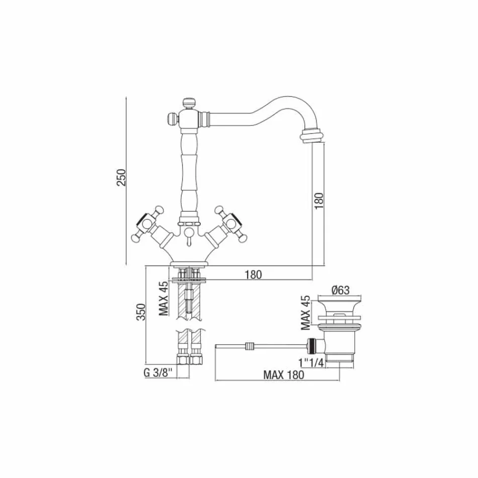 Miscelatore Monoforo per Lavabo in Ottone Design Classico Made in Italy - Lisca Viadurini