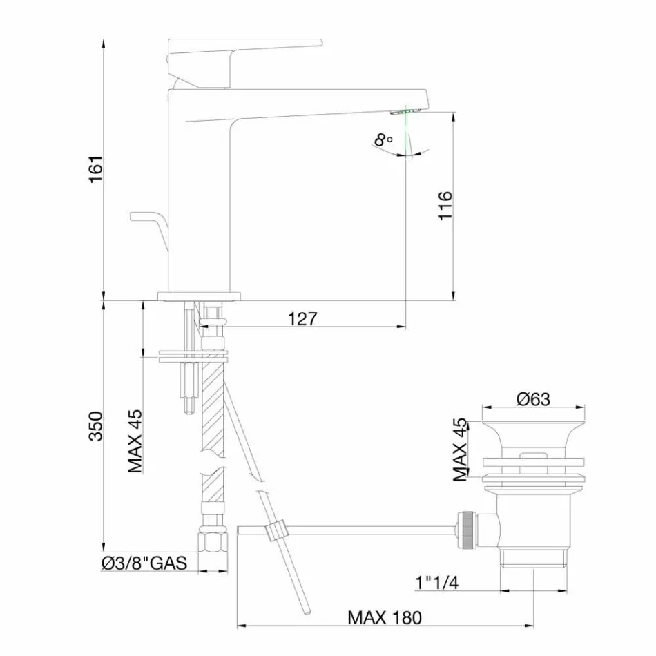 Miscelatore per Lavabo Bagno con Scarico in Finitura Cromo Made in Italy - Galla Viadurini