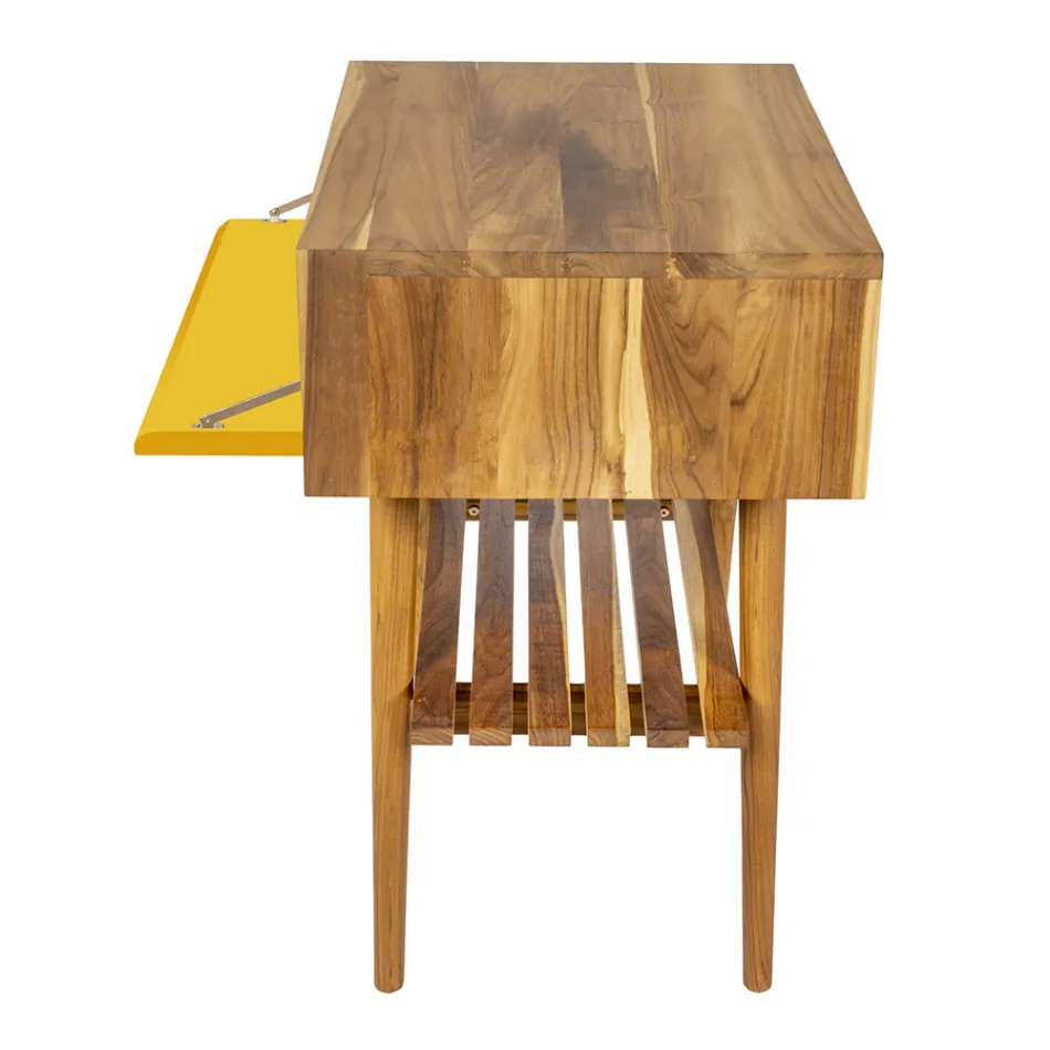 Mobile Arredo Bagno in Teak Naturale con Cassettiera Color Giallo - Gatien Viadurini