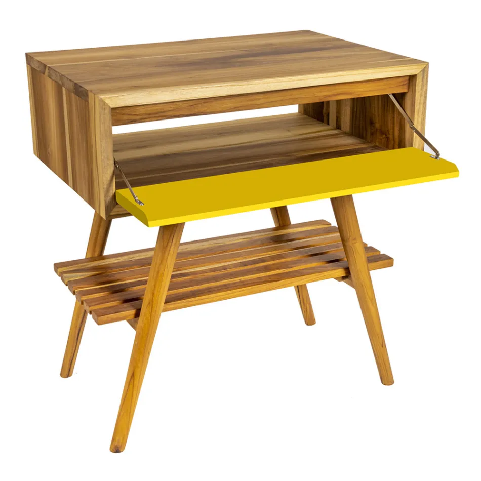 Mobile Arredo Bagno in Teak Naturale con Cassettiera Color Giallo - Gatien Viadurini