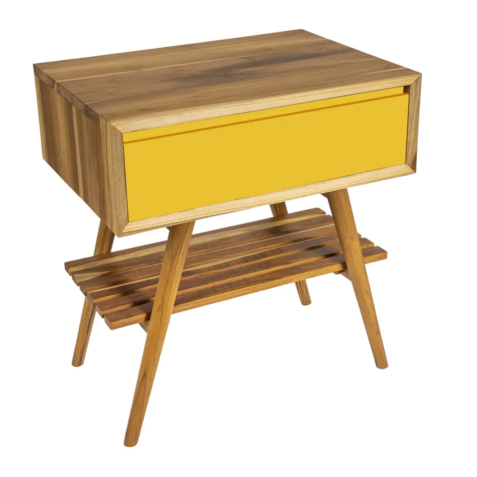 Mobile Arredo Bagno in Teak Naturale con Cassettiera Color Giallo - Gatien Viadurini
