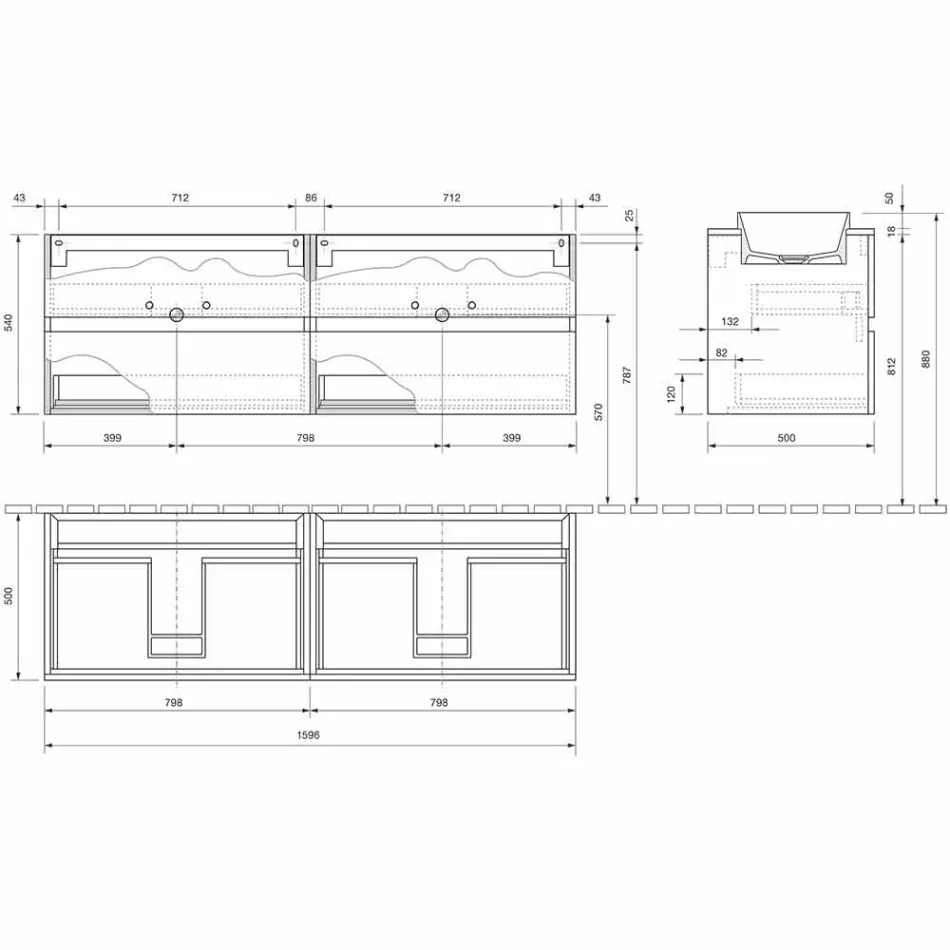 Mobile Arredo Bagno Sospeso con Lavabo Doppio a Incasso, Design Moderno - Dumbo Viadurini
