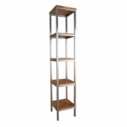 Mobile Bagno a Colonna in Teak e Acciaio con 4 Ripiani a Giorno - Tamburino Viadurini