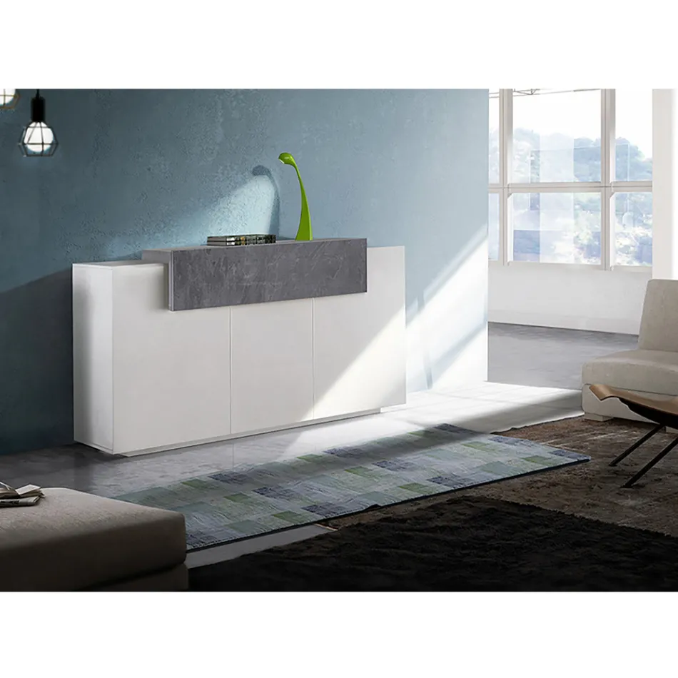 Mobile Credenza 4 Ante Legno Bianco e Antracite, Cemento o Acero - Therese Viadurini