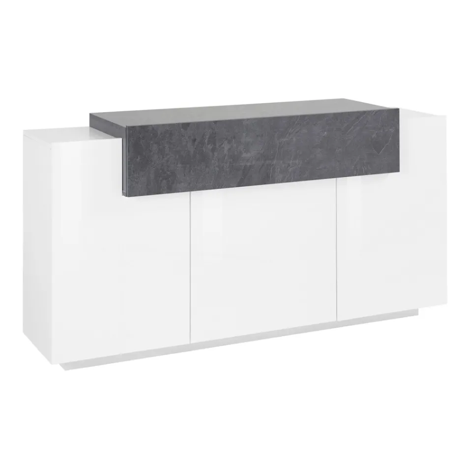 Mobile Credenza 4 Ante Legno Bianco e Antracite, Cemento o Acero - Therese Viadurini
