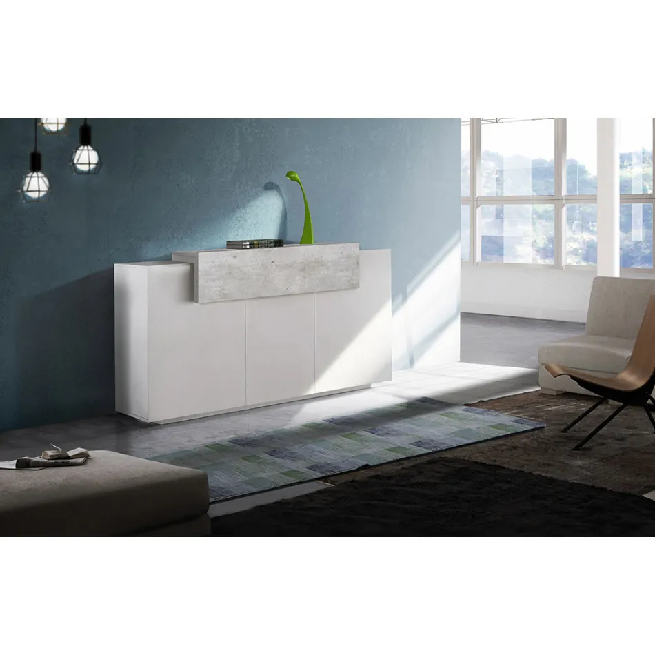 Mobile Credenza 4 Ante Legno Bianco e Antracite, Cemento o Acero - Therese Viadurini
