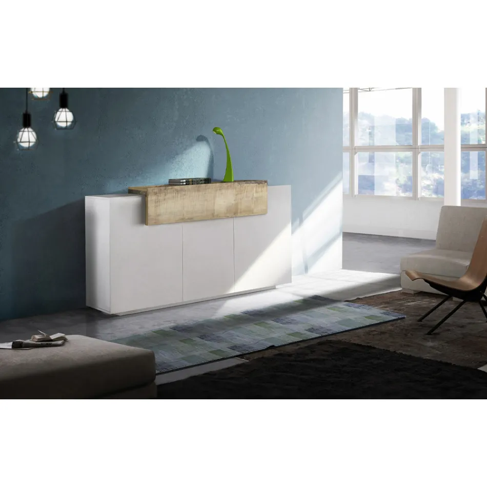 Mobile Credenza 4 Ante Legno Bianco e Antracite, Cemento o Acero - Therese Viadurini