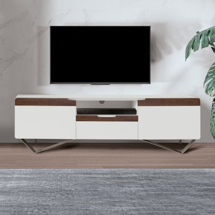 Mobile Porta TV con 2 Ante in Finitura Canaletto e Bianco Made in Italy - Kari Viadurini