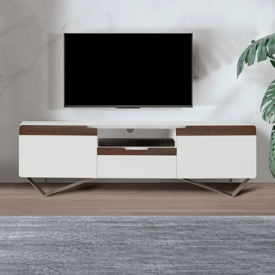 Mobile Porta TV con 2 Ante in Finitura Canaletto e Bianco Made in Italy - Kari Viadurini