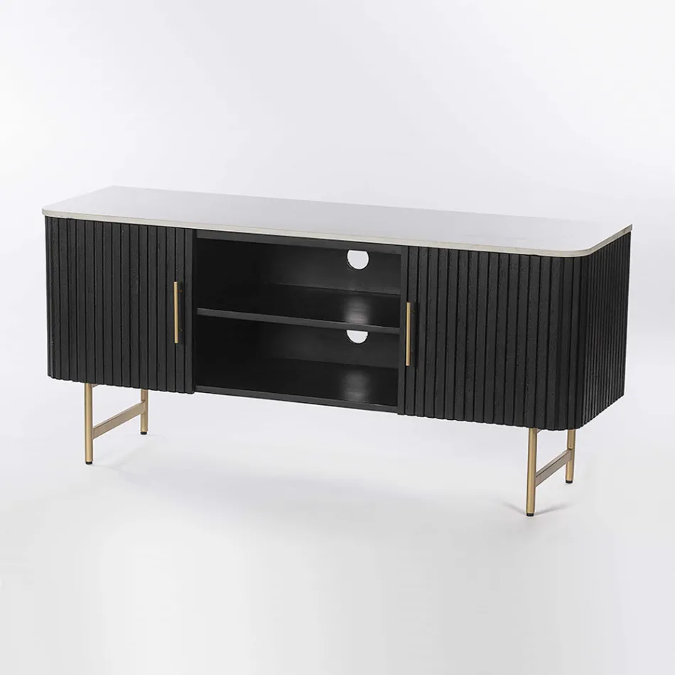 Mobile Porta Tv con Piano in Marmo e Struttura in Legno di Mango - Pescatore Viadurini