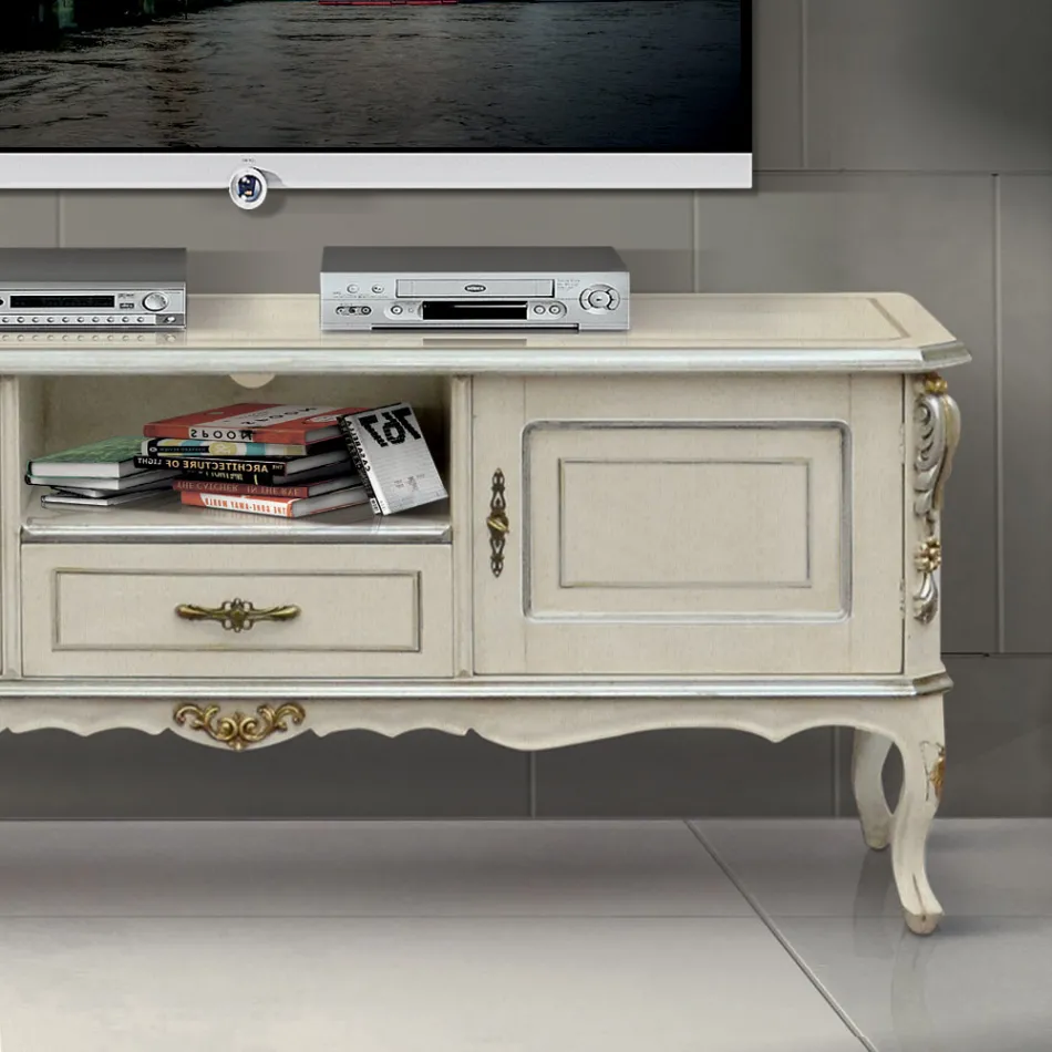 Mobile Porta Tv di Lusso Legno Bianco e Argento Made in Italy - Cheverny Viadurini