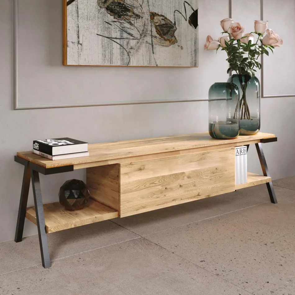 Mobile Porta Tv in Legno Rovere Nodato e Metallo Realizzato in Italia - Jennifer Viadurini
