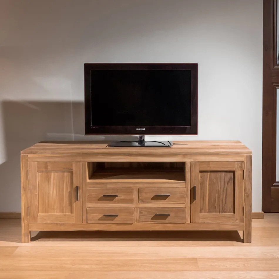 Mobile Porta Tv in Teak Massello con 2 Ante e 4 Cassetti - Kendo Viadurini