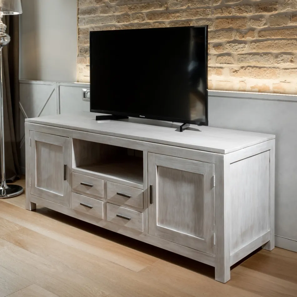 Mobile Porta Tv in Teak Massello con 2 Ante e 4 Cassetti - Kendo Viadurini