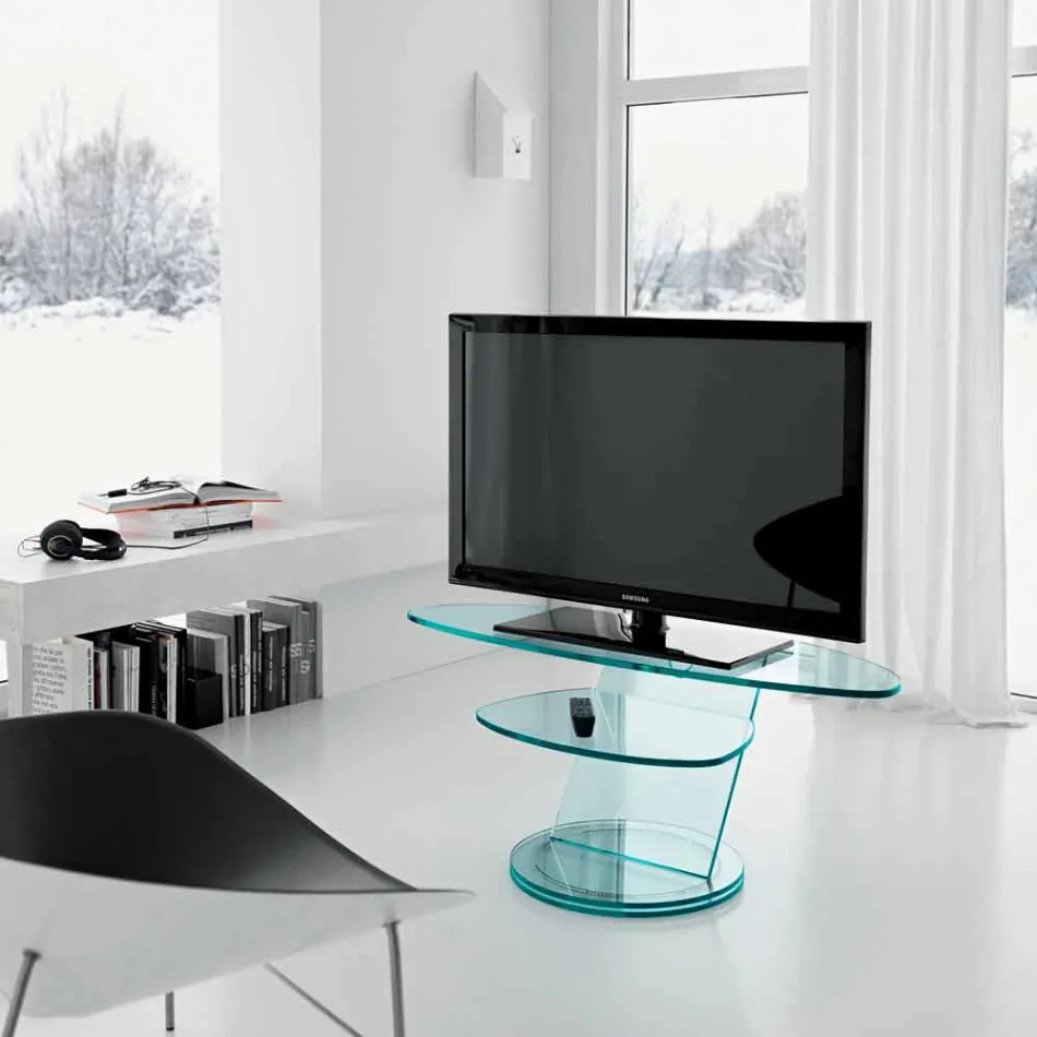 Mobile Porta Tv in Vetro con Base Rotante e Ripiano 2 Dimensioni - Salemme Viadurini