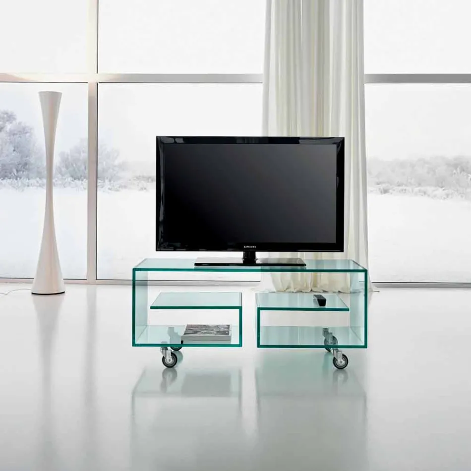 Mobile Porta Tv Multiuso da Salotto in Vetro Trasparente con Ruote - Birintolo Viadurini