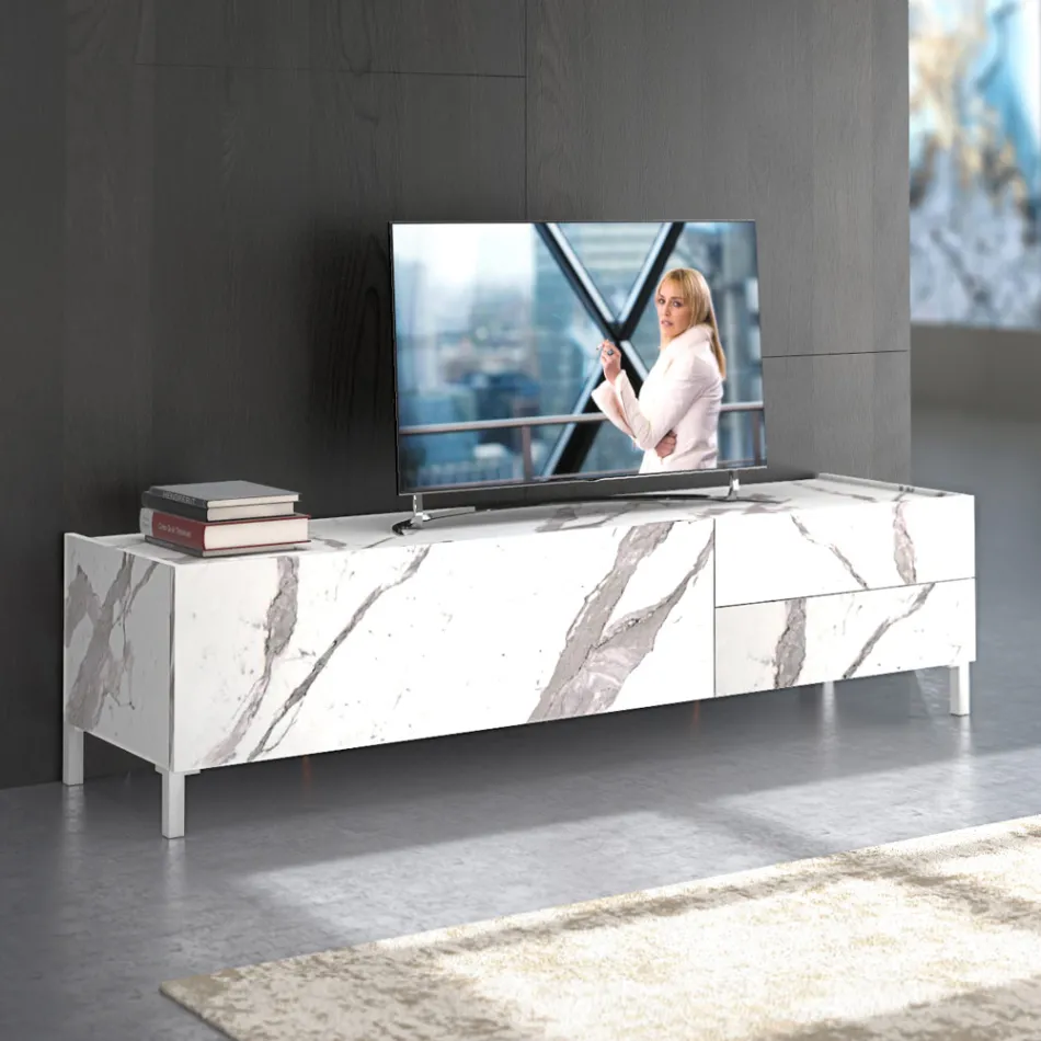 Mobile Porta Tv Rivestito in Melaminico Finitura Marmo Made in Italy - Zinco Viadurini