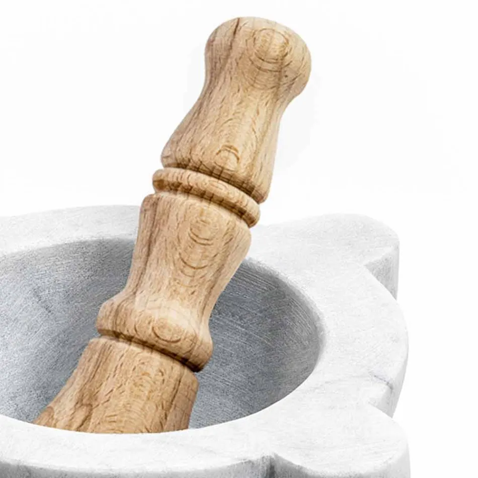 Mortaio in Marmo Bianco di Carrara con Pestello in Legno Made in Italy - Winda Viadurini
