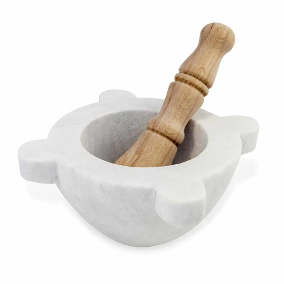 Mortaio in Marmo Bianco di Carrara con Pestello in Legno Made in Italy - Winda Viadurini