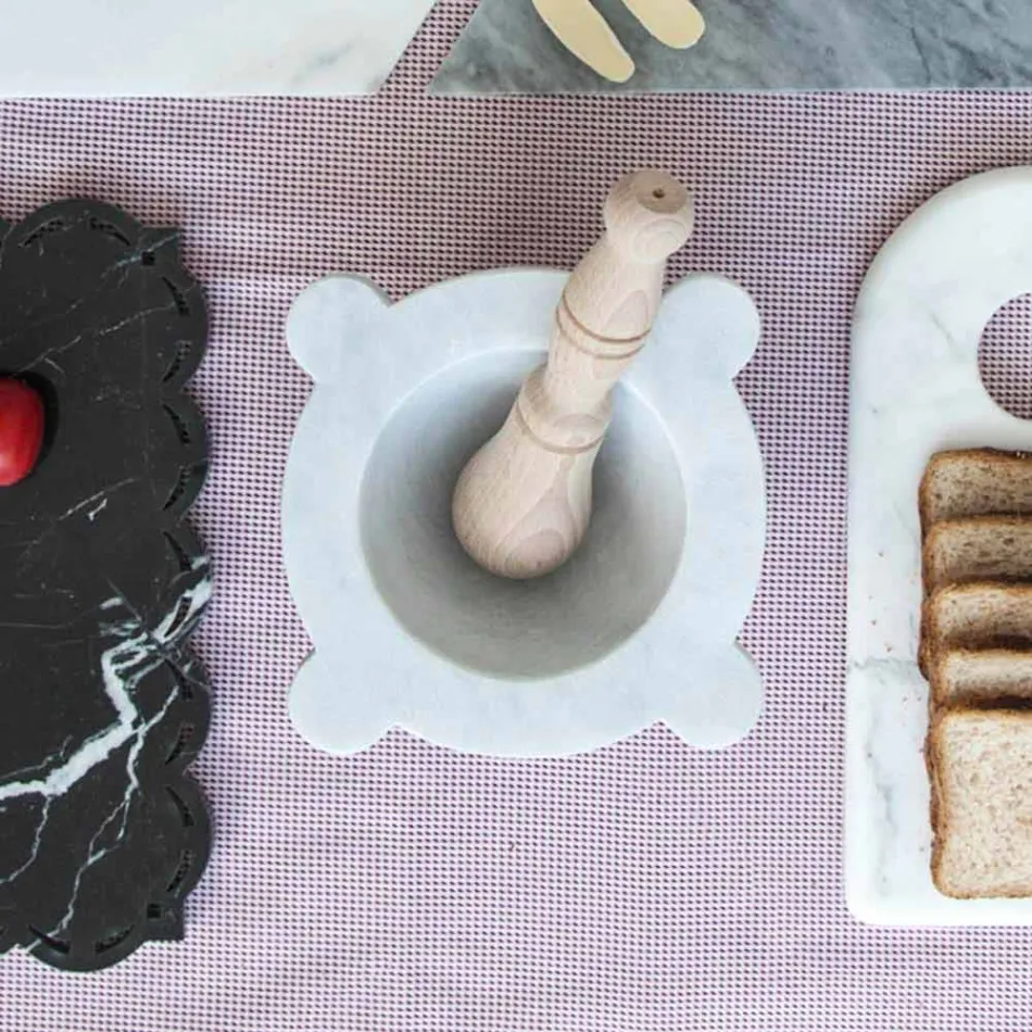 Mortaio in Marmo Bianco di Carrara con Pestello in Legno Made in Italy - Winda Viadurini