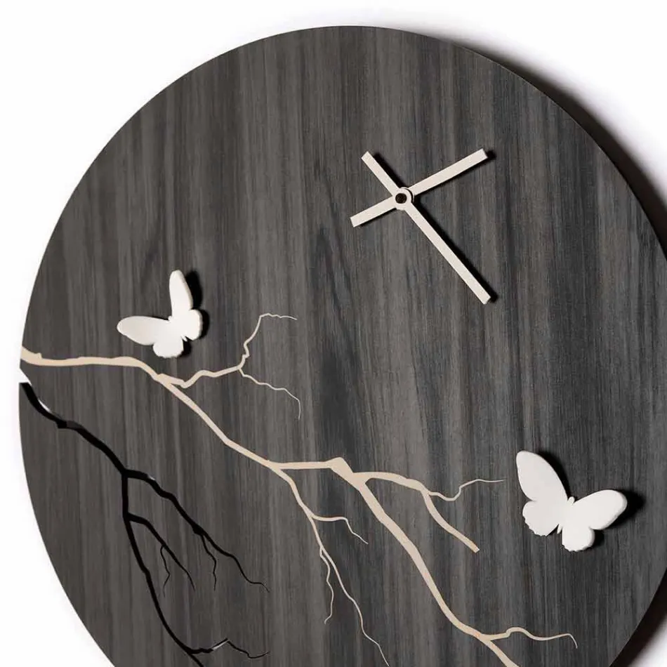 Orologio a Muro Design Tondo in Legno Inciso a Laser e Farfalle 3D - Farfo Viadurini